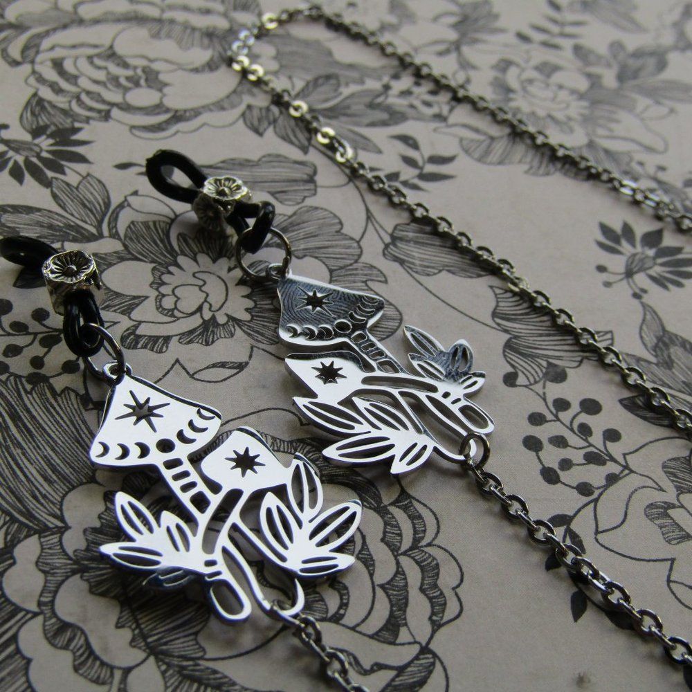 Fully Stainless Steel Mushroom Glasses Chain Forest Witchy Phases of the Moon